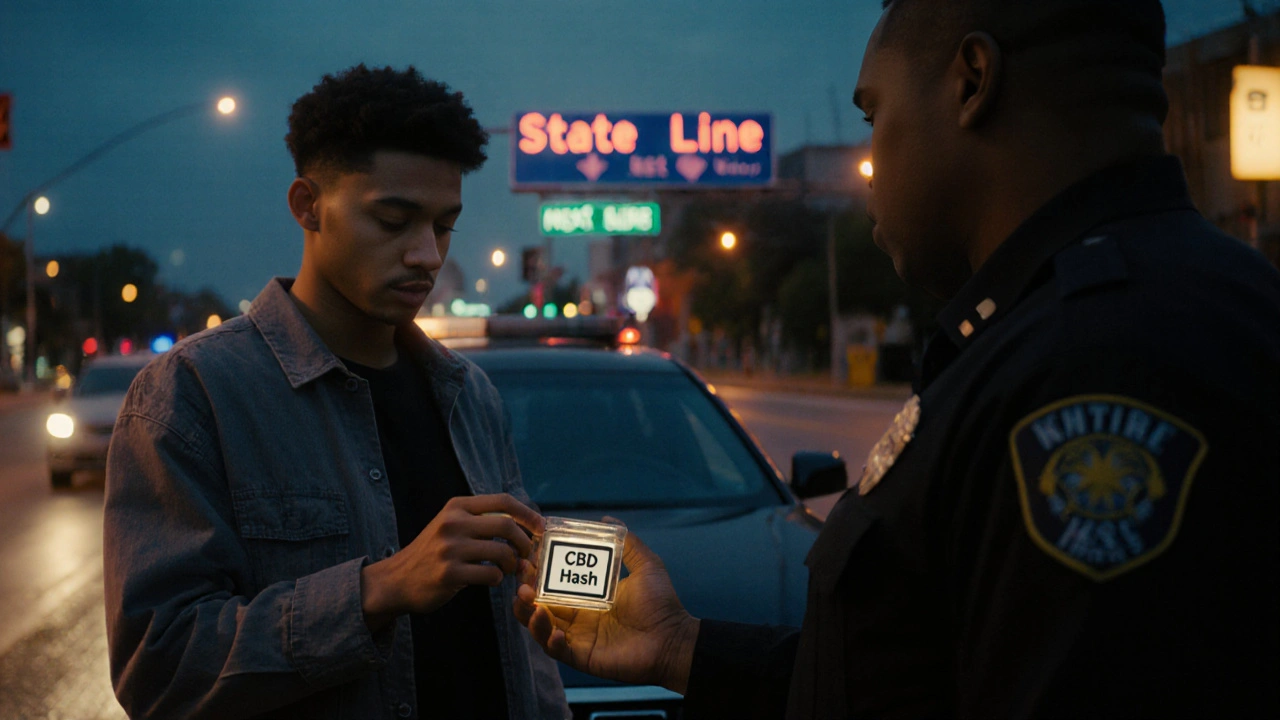 Osoba zastavena policií s kontejnerem CBD hashu u auta v městském prostředí.