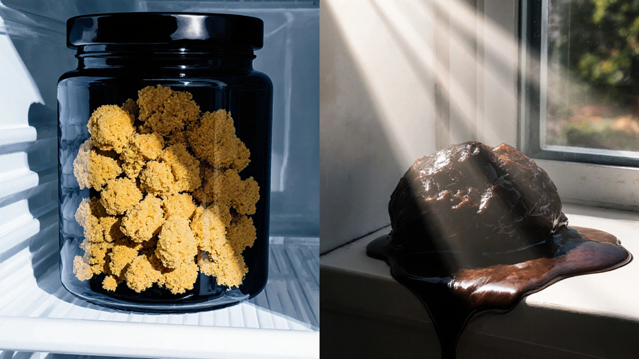 Porovnání čerstvého a zkaženého CBD crumble – čistý v chladničce vs. lepkavý na slunci.