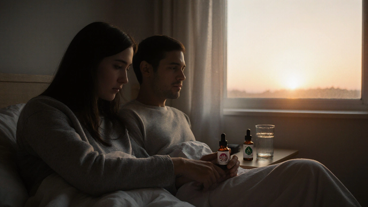 Přítel podporuje oslabenou osobu v ložnici, září ranní světlo, u stolu je CBD olej a voda.