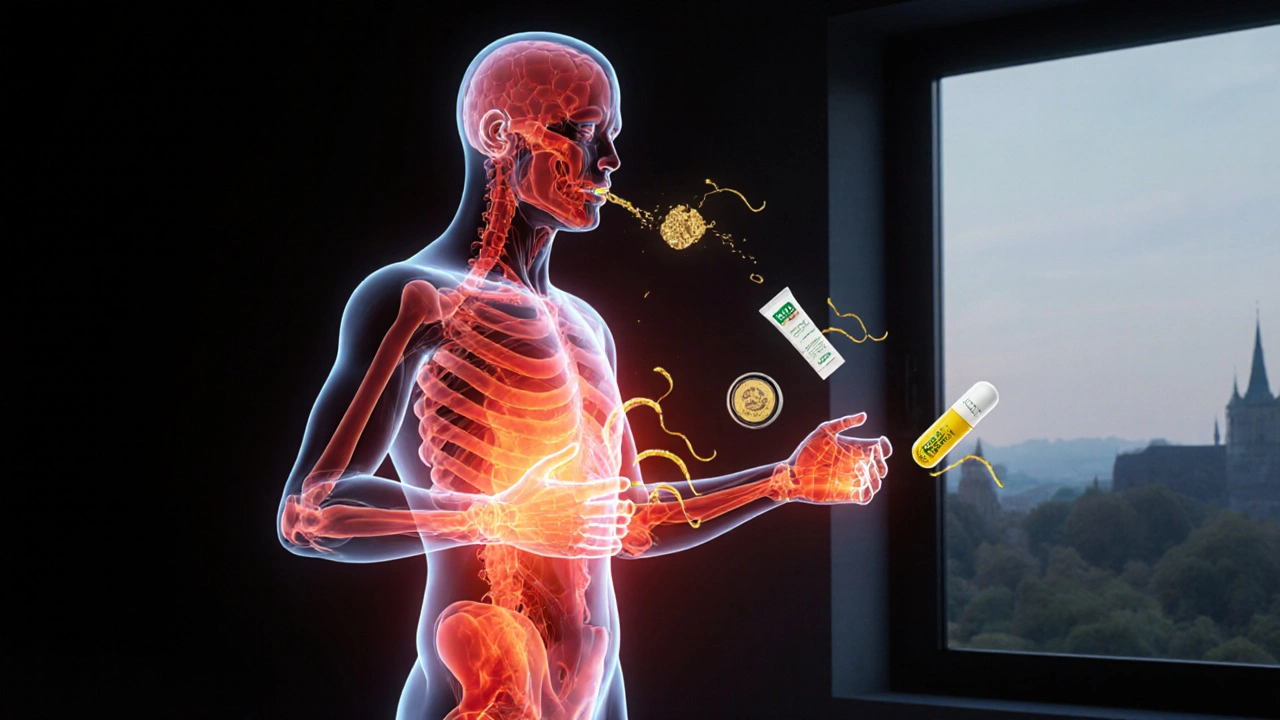 Průhledný lidský tělo s CBD účinkem na místa zánětu.