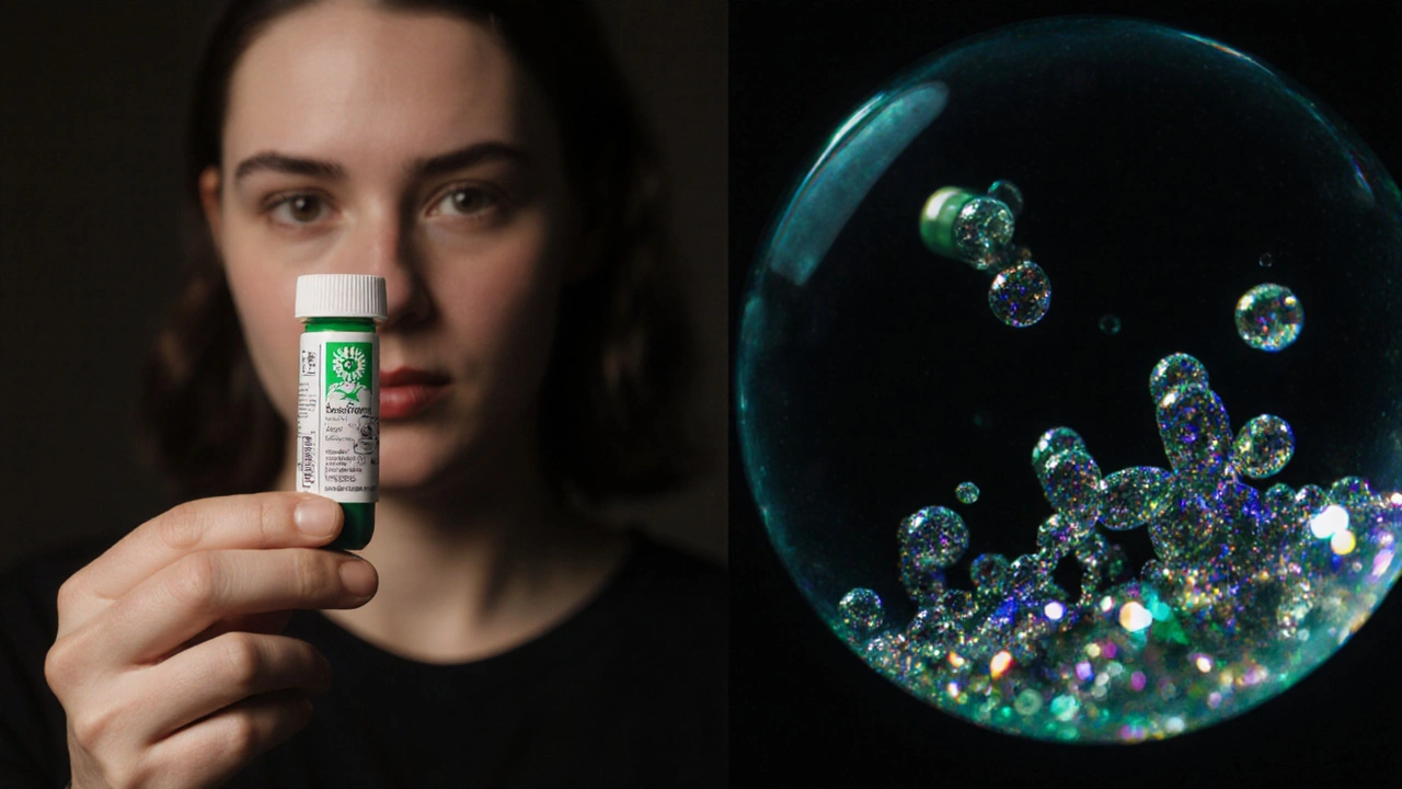 Rozdělený obraz: čistá kapsle na jedné straně, toxické částice na druhé.