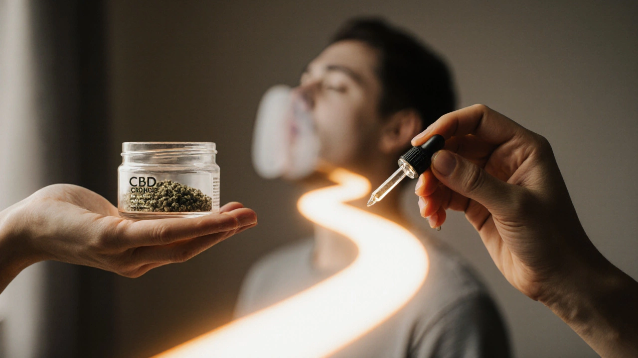 Ruka drží CBD vosk a olejovou kapátku, mezi nimi světlá cesta přechodu od kouření k bezpečnější formě.