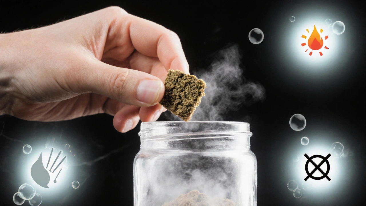 Ruka rozbíjí kousek CBD crumble z hermeticky uzavřené nádobky v chladničce.