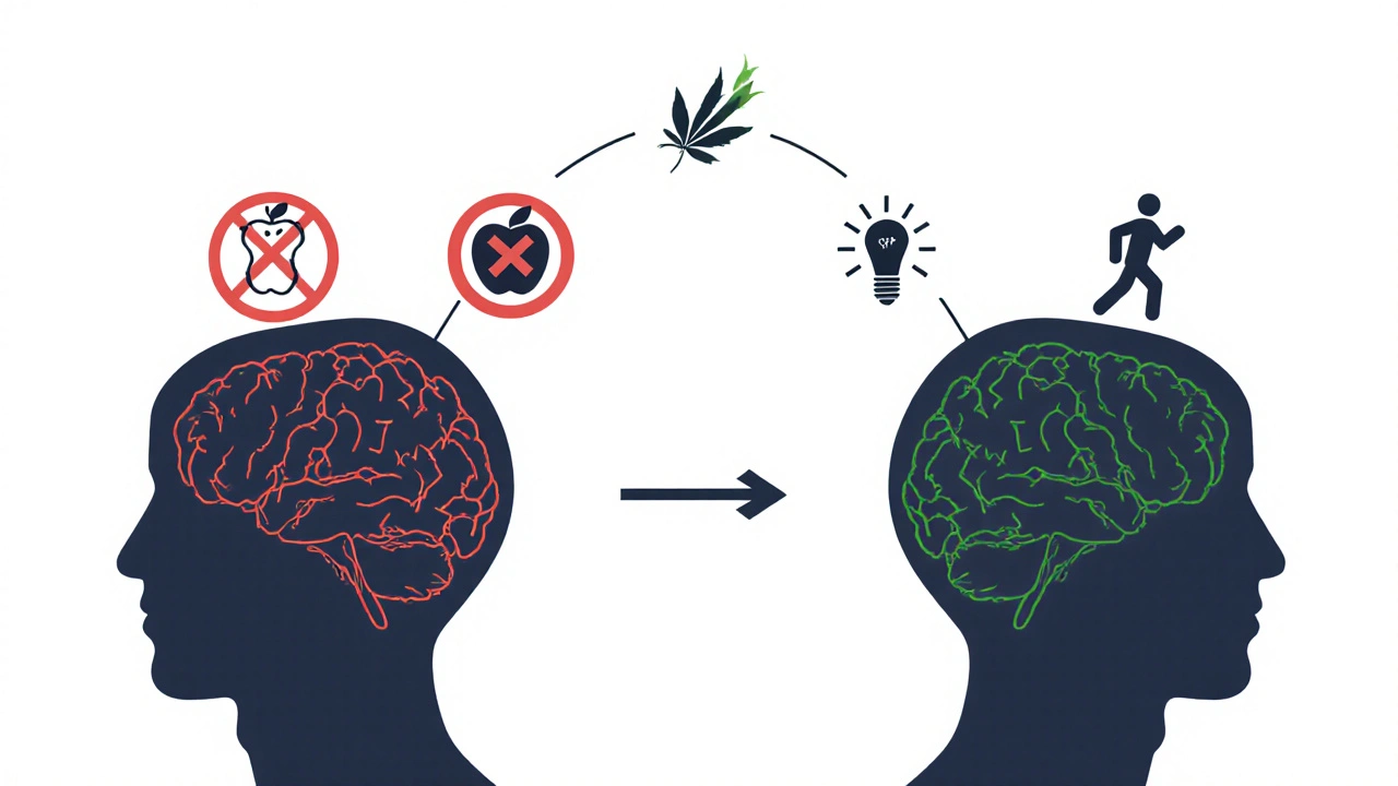Schéma lidského mozku s blokovanými a aktivovanými receptory CB1 pod vlivem THCV v různých dávkách.