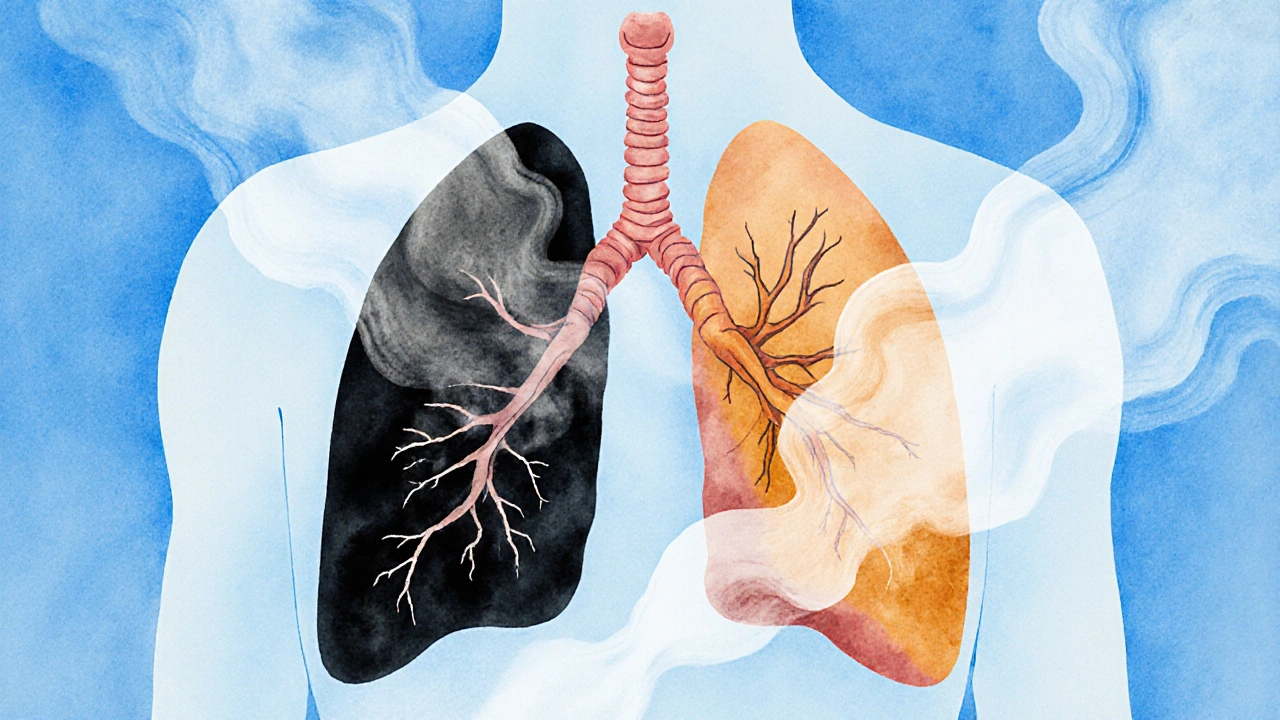Srovnání poškození plic: černý tar z tabáku vs. jemné výpary CBD ve stylu vodové malby.