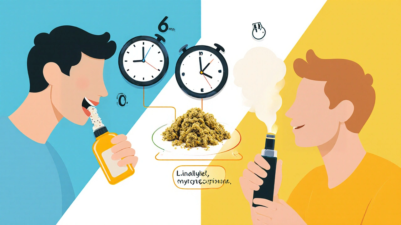 Srovnání rychlosti účinku CBD oleje a crumble pomocí symbolického vizuálu.