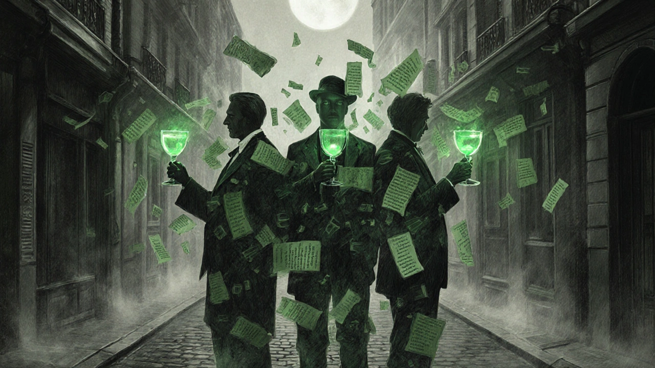 Stíny Baudelairea, Rimbauda a Verlaina se rozpadají v pařížské uličce, jejich prázdné skleničky absintu září zelenou světlostí.