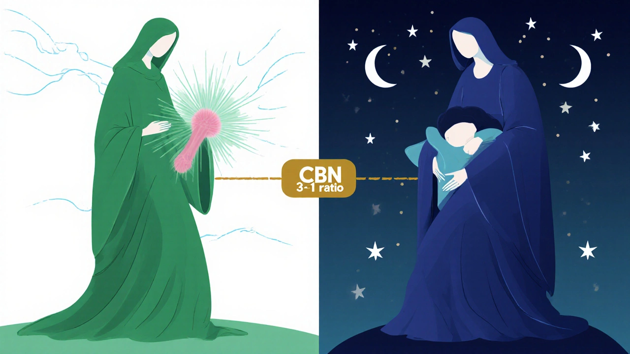 Symbolické znázornění CBD a CBN jako dvou postav, které spolu souvisí.