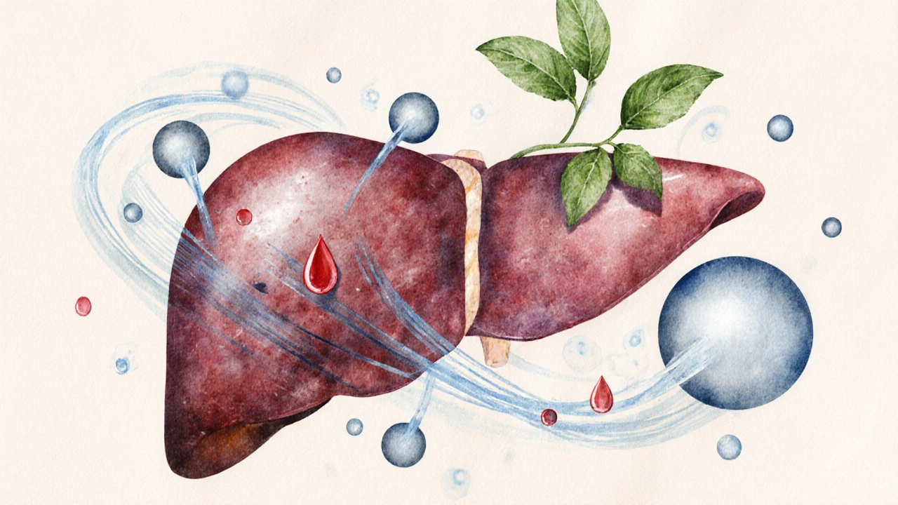 Symbolický obraz játra s molekulami thujonu a ethanolu, kde játra blokují thujon, ale ne ethanol.