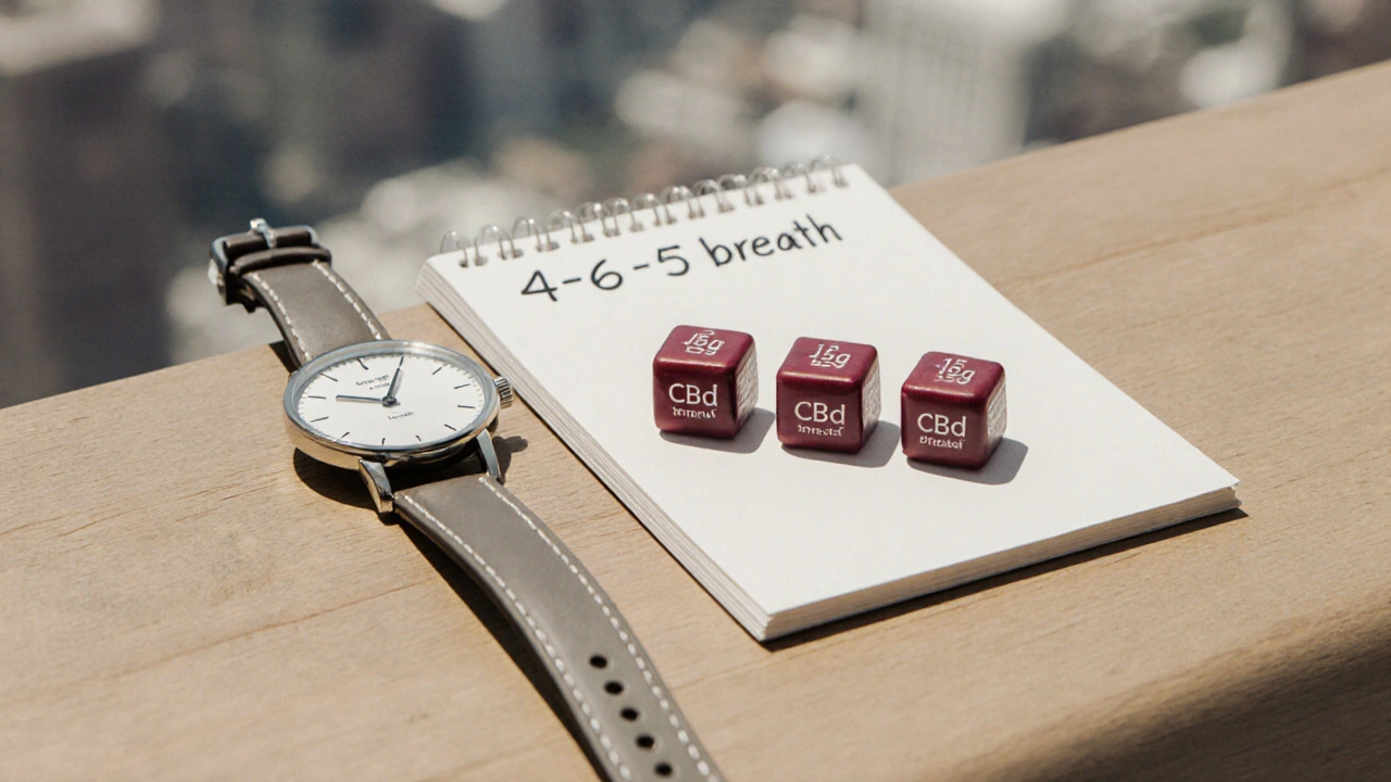 Tři CBD bonbóny na stole vedle hodinek a poznámky s dýchací technikou.