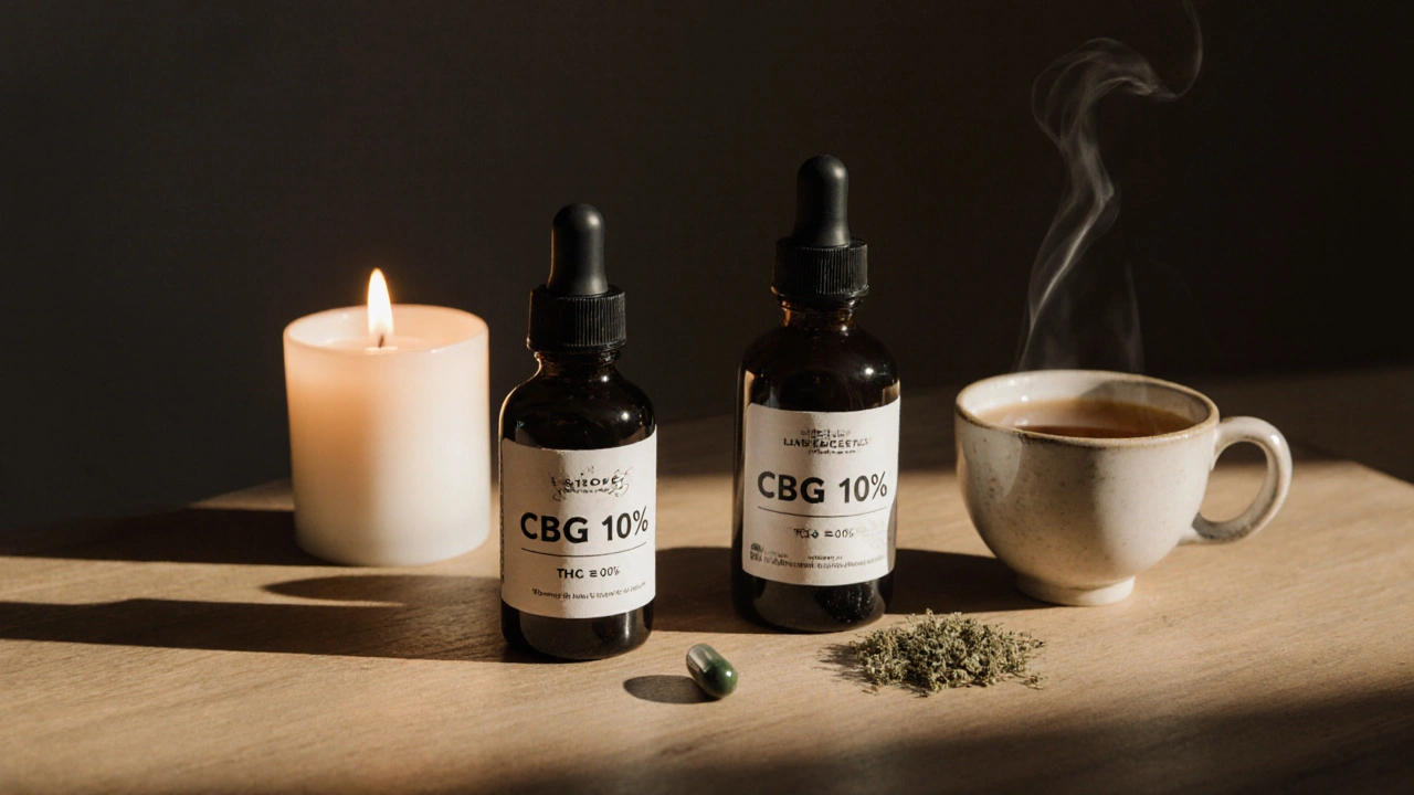 Tři CBG produkty na dřevěném stole s svíčkou a slunečním paprskem.