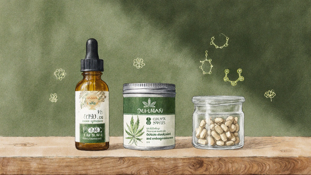 Tři druhy CBD produktů: olej, balzam a kapsle na dřevěném stole.