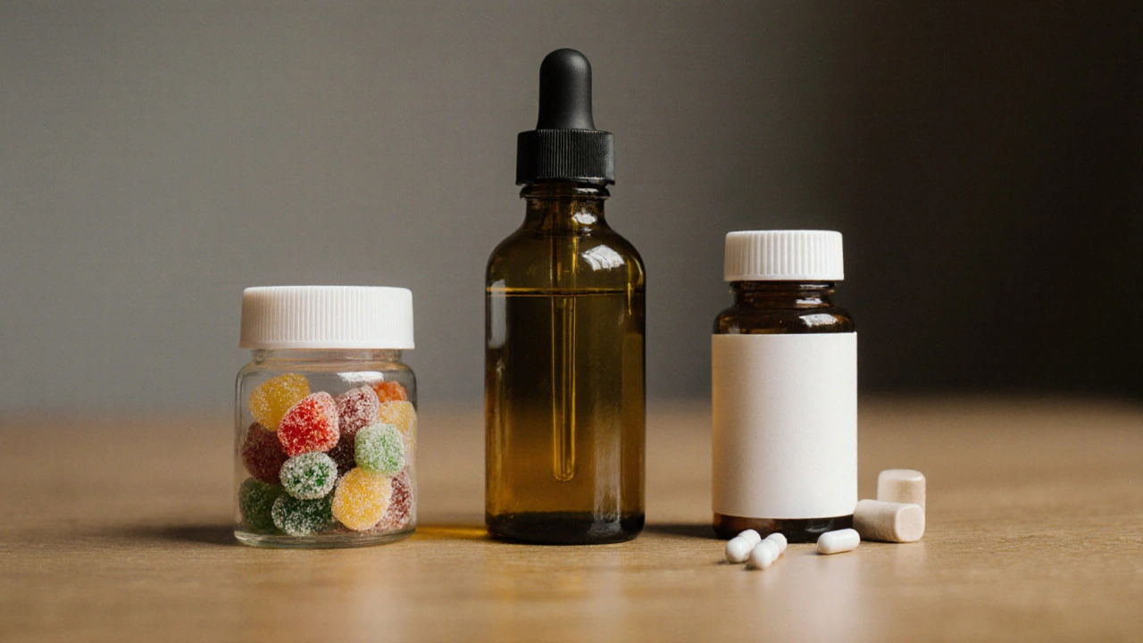 Tři formy CBD: gumičky, olej a kapsle na dřevěné desce.