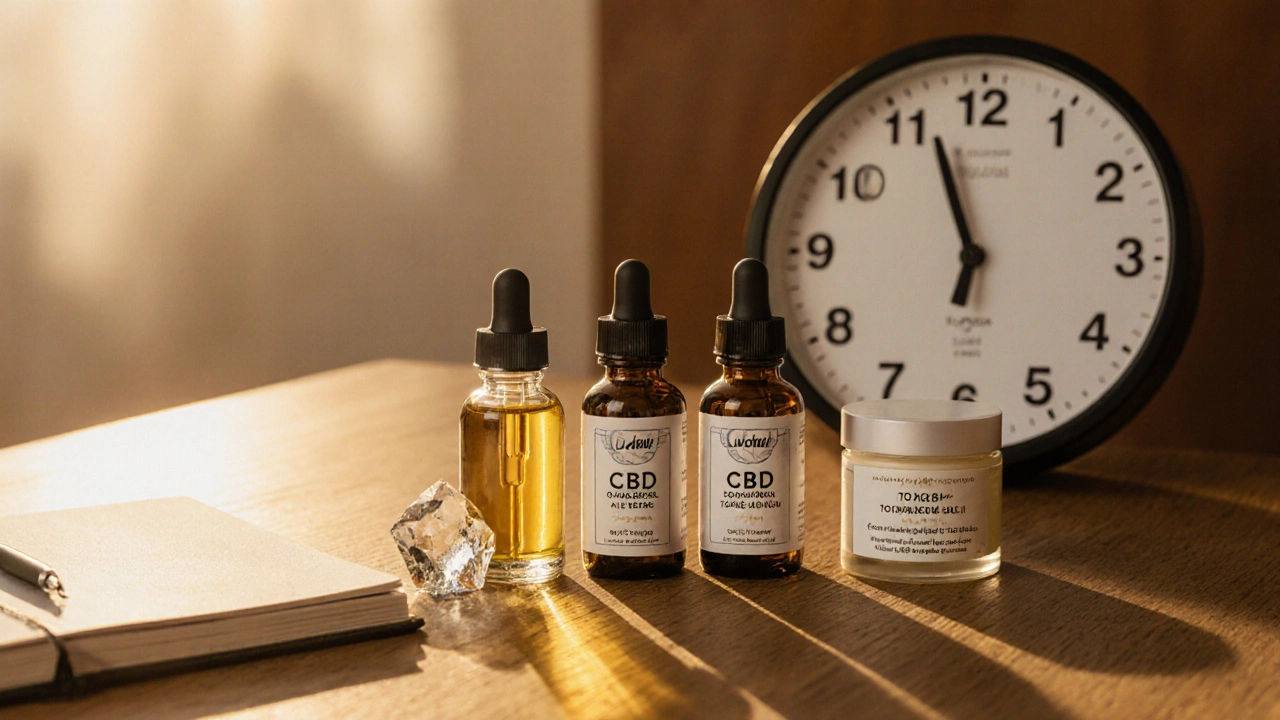 Tři formy CBD – krystaly, olej a krém – s hodinami označujícími délku účinku.