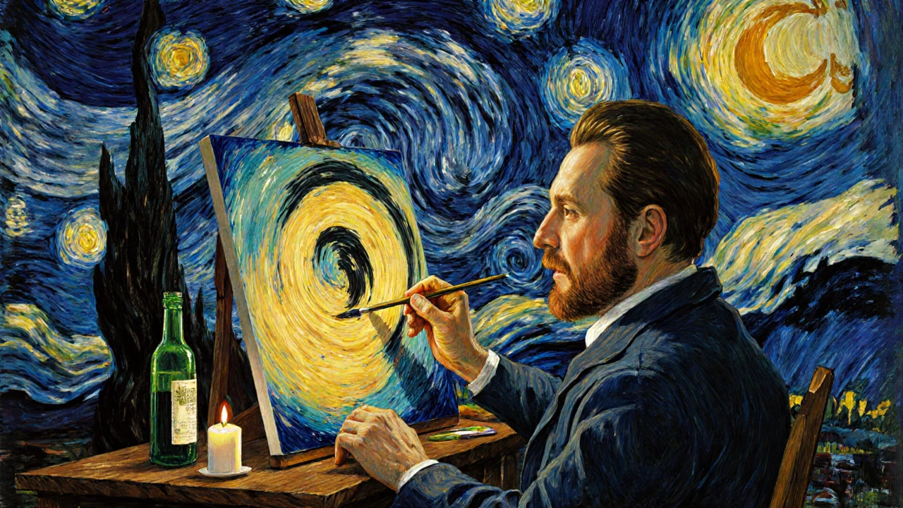 Vincent van Gogh maluje Hvězdnou noc, barvy v obrazu jsou neuvěřitelně intenzivní, vedle něj stojí láhev absintu.