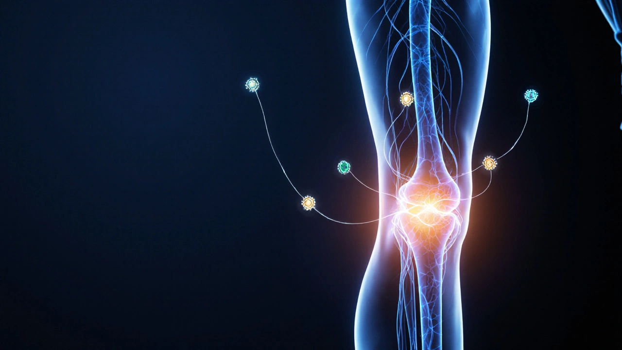 Vnitřní pohled na tělo s CBD molekulami interagujícími s nervovými receptory.