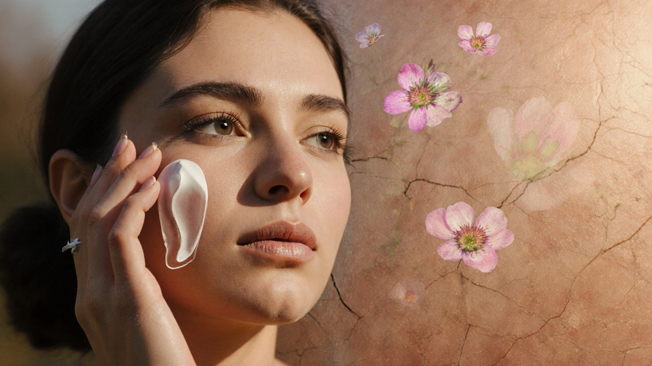 Žena aplikující CBG krém při ranním světle s viditelnou obnovou kůže