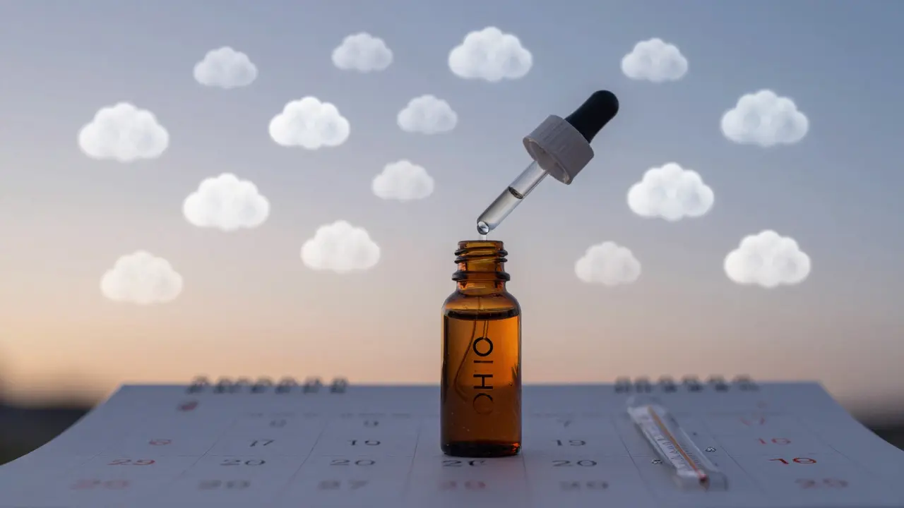 1 ml HHC oleje se přeměňuje na 16 svítících pýchů ve tvaru obláčků, s kalendářem a teploměrem v pozadí.