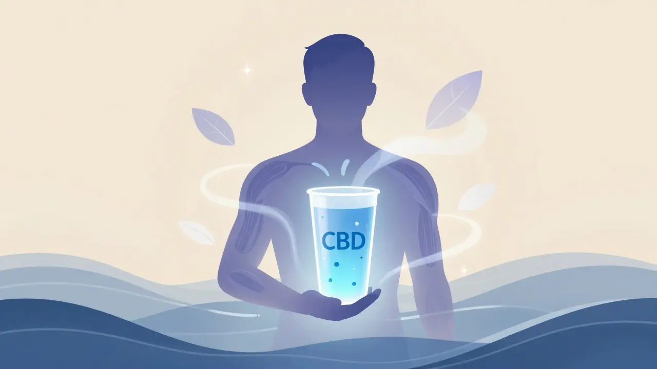 Abstraktní obrázek klidu a uvolnění vyzařujícího z CBD nápoje, pastelové barvy, bez tváří.