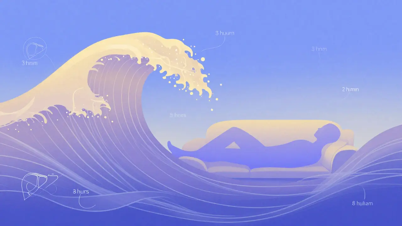 Abstraktní vlna představující postupné působení tinktury z konopí během 8 hodin.