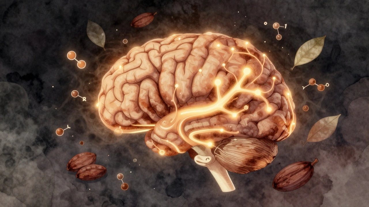 Abstraktní vyobrazení mozku s osvětlenými chemickými cestami spojenými s čokoládou a klidem.