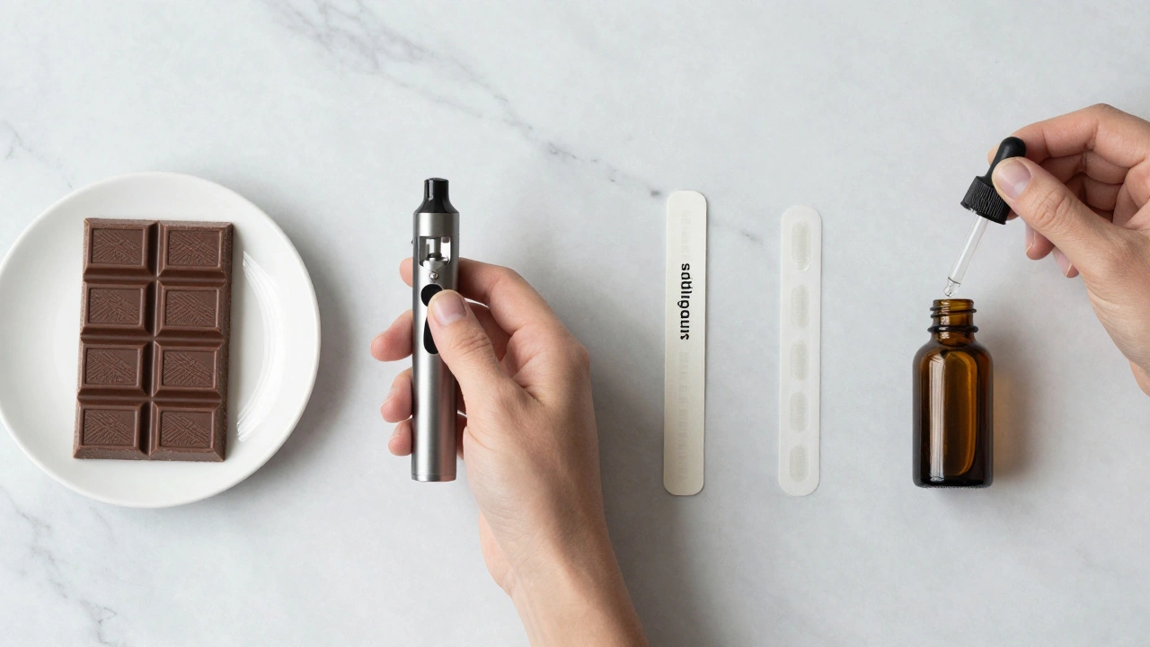 Čtyři formy užívání marihuany: čokoláda, vape, sublinguální pás a olej.