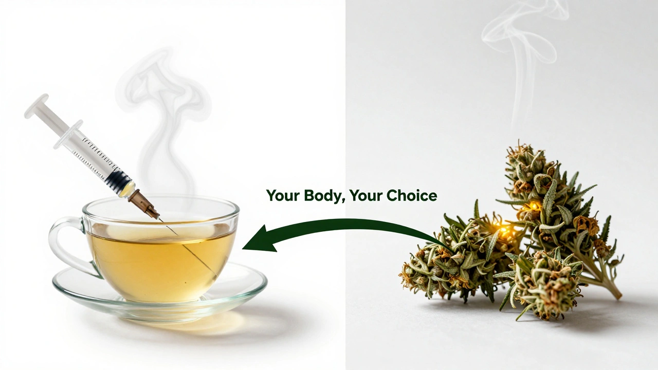 Dvě cesty k úlevě: CBD hash v čaji vlevo a skunk v parníku vpravo, spojené cestou s nápisem &#039;Tvoje tělo, tvá volba&#039;.