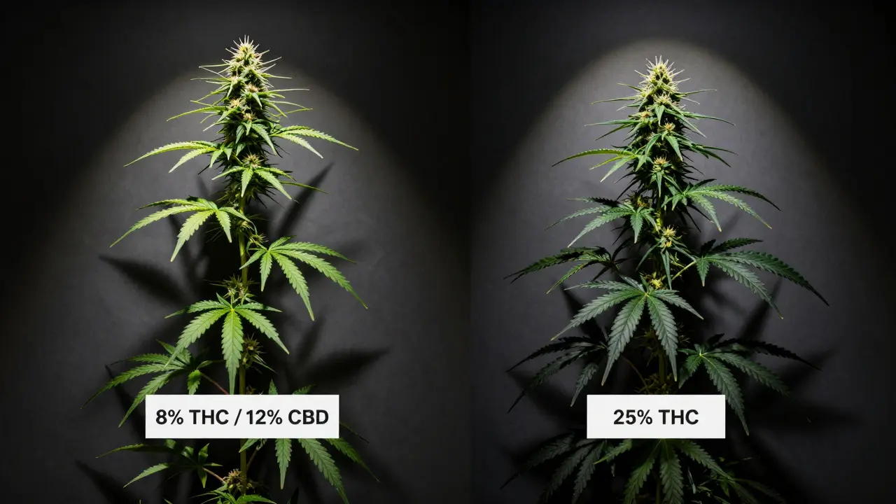 Dvě konopné rostliny vedle sebe: sativa s nízkým THC a indica s vysokým THC, každá pod jiným osvětlením.