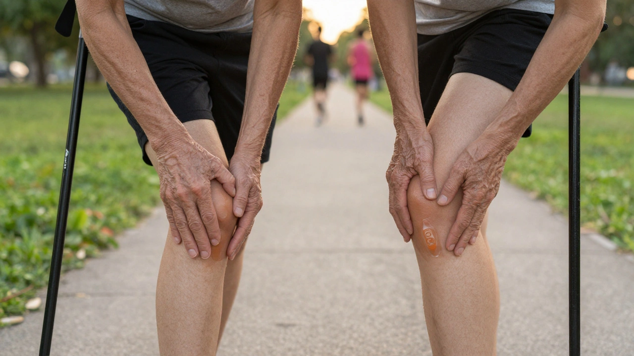 Dvě ruce aplikují CBG gel na kolena na louce při západu slunce.