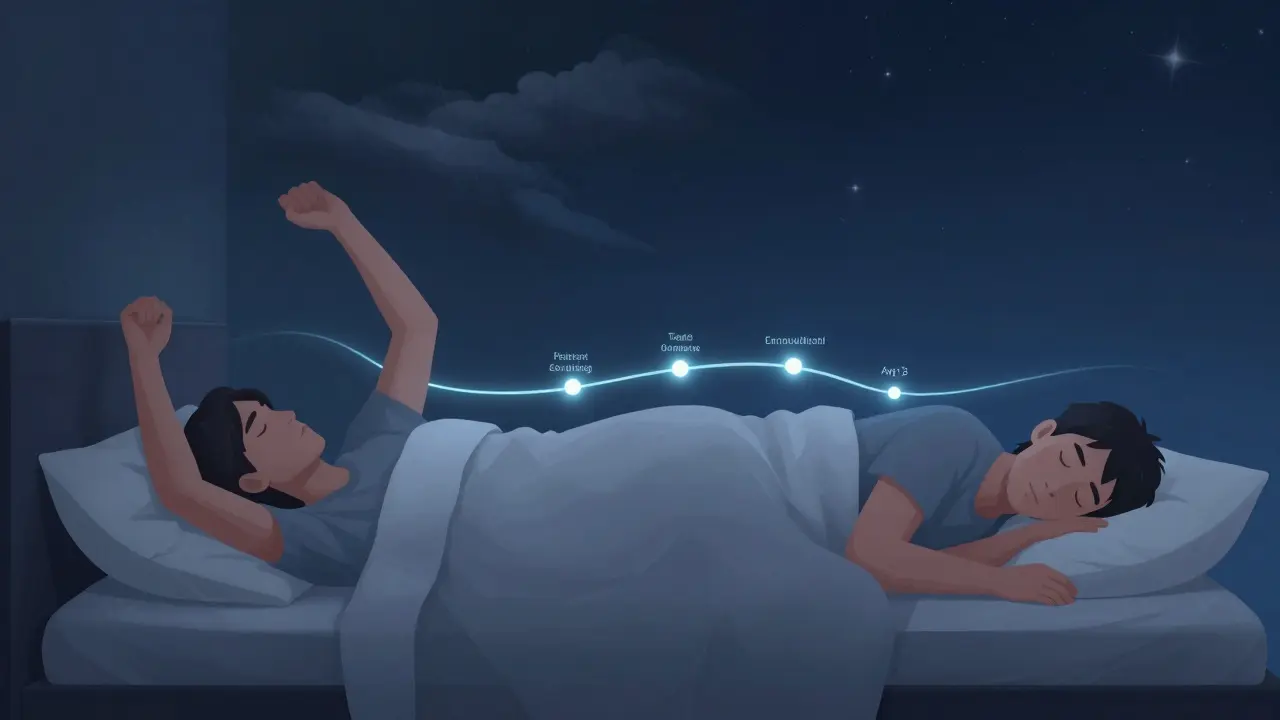 Dvě scény: osoba se v noci neklidně točí v posteli a poté klidně spí pod hvězdnou oblohou, symbolizující zlepšení spánku.