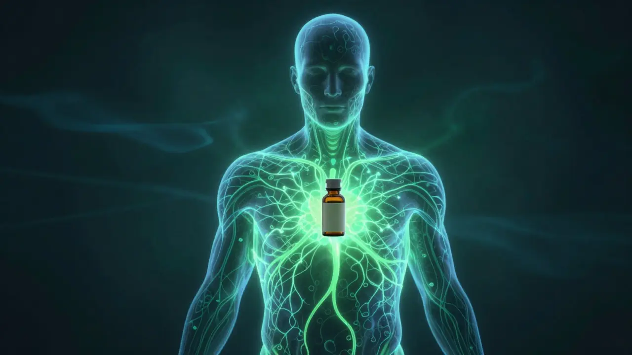 Kontur člověka s osvětlenými nervovými cestami a CBD lahvičkou na srdci.