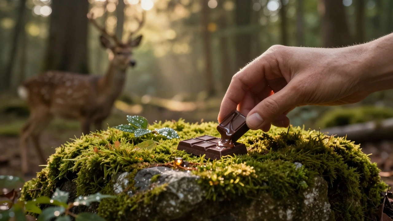 Kousek čokolády roztávající se na kameni v klidném lese, sluneční paprsky a mech kolem.