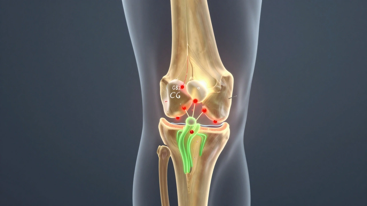 Křížový řez kolenního kloubu s CBG molekulami potlačujícími zánět.