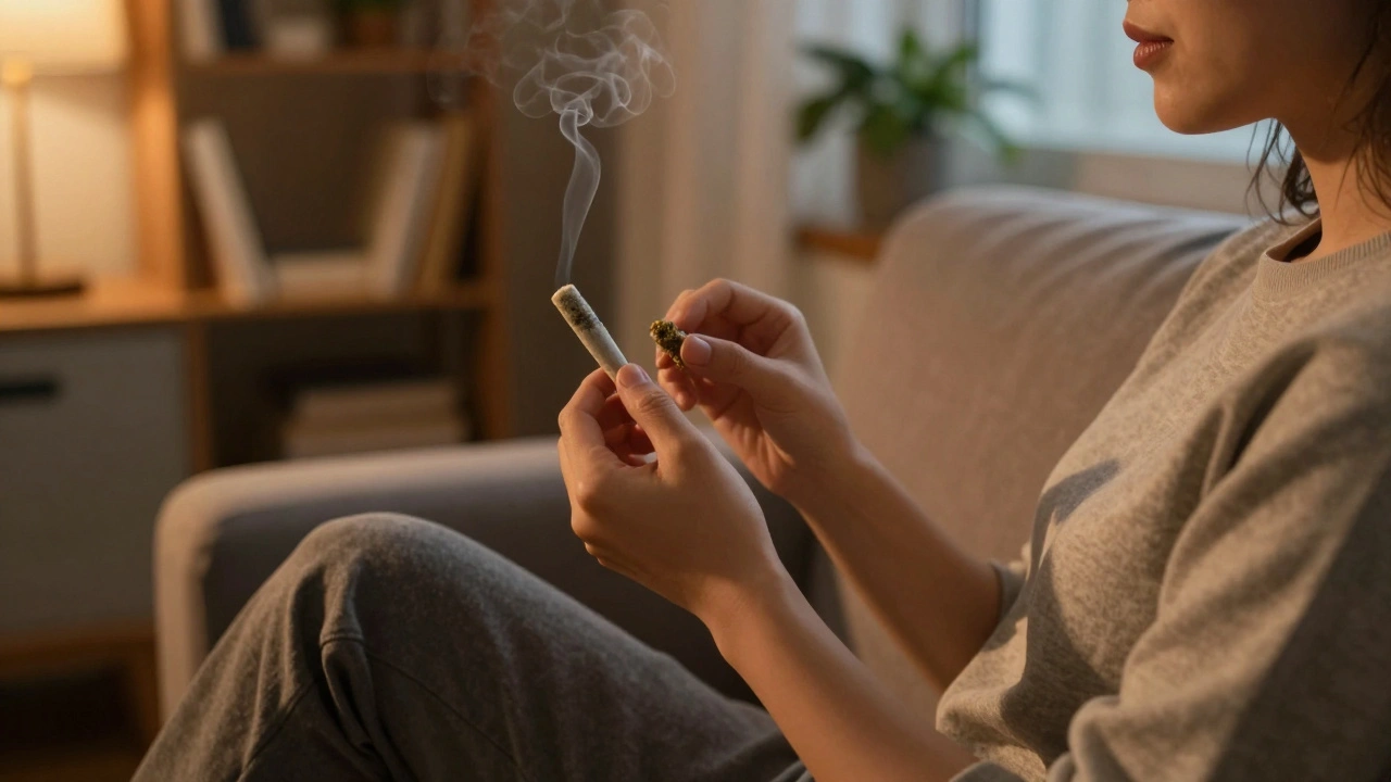 Osoba klidně kouří CBD květy večer v pohodlném křesle.