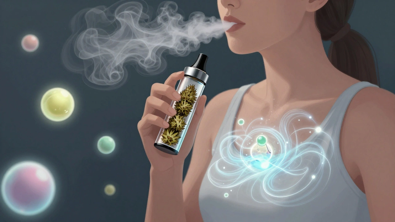 Osoba používá parník s CBD skunkem, okolo ní se vznášejí molekuly terpenů v jemných barvách.