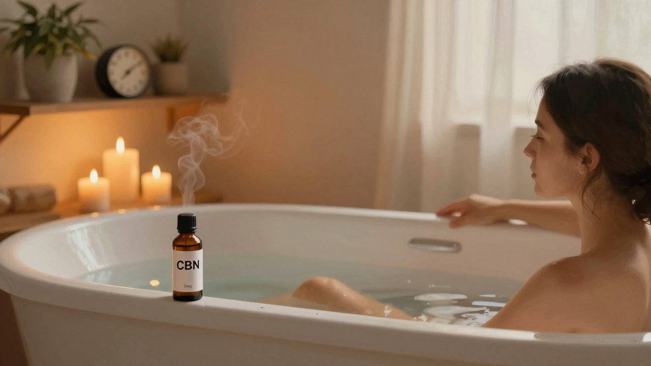 Osoba se koupá ve večerní vaně s svíčkami a CBN kapkami na okraji.