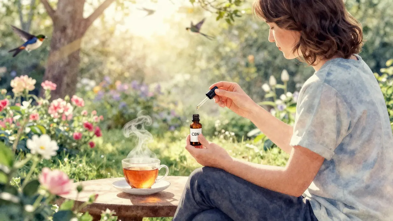 Osoba sedí na lavičce v zahradě při východu slunce, drží lahvičky s CBN a CBD, kolem ní kvetou rostliny a létají ptáci.
