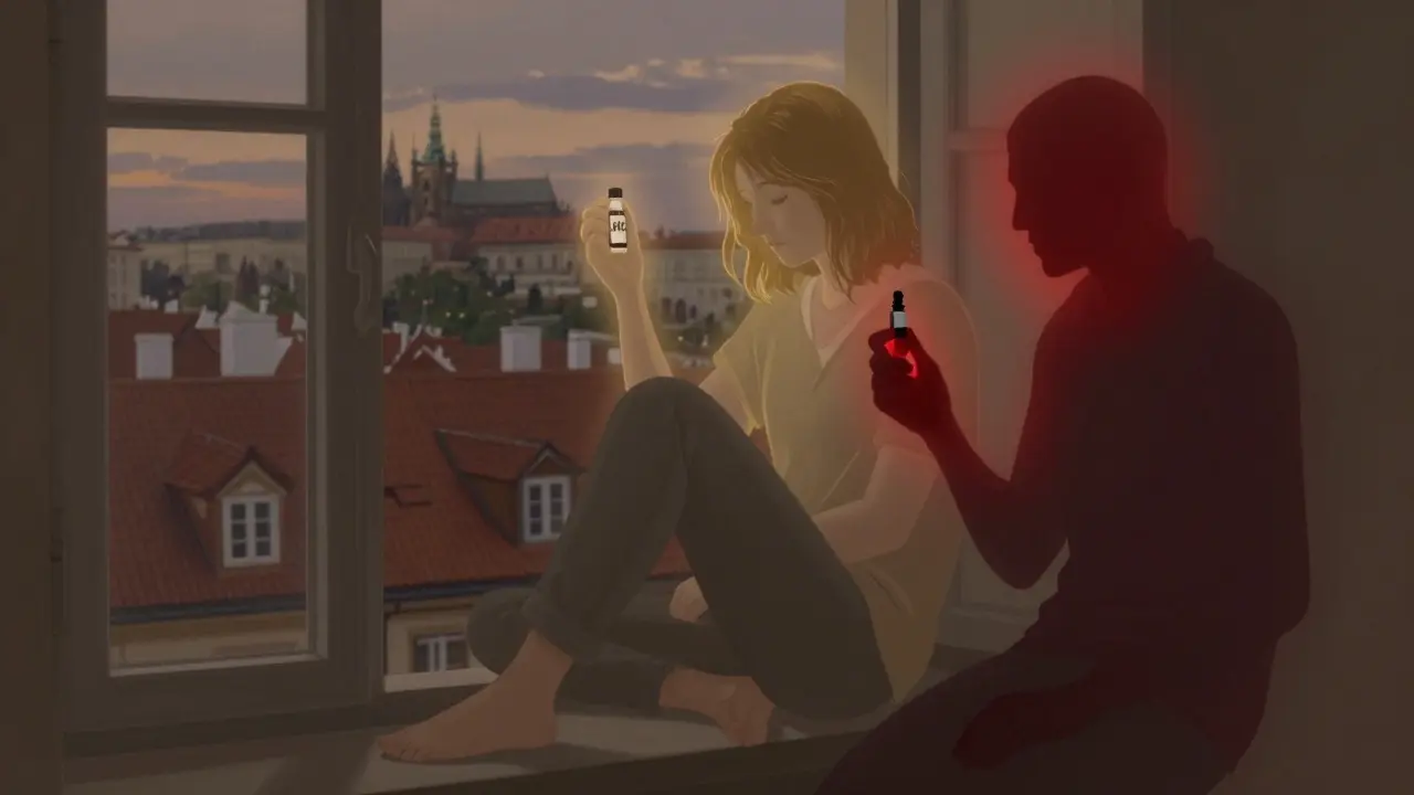 Osoba sedí u okna v soumraku, drží malou lahvičku s HHC, kolem ní jemné zlaté záření, za ní tmavší stín symbolizující Delta-9-THC.