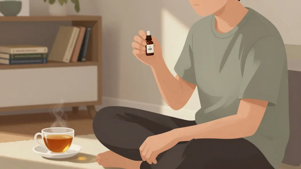 Pokojná osoba drží lahvičku s CBD krystaly v slunečném pokoji.