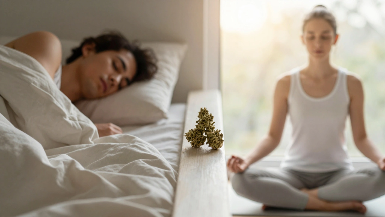 Přechod od klidného spánku k klidnému meditaci s CBD květy na windowsill.