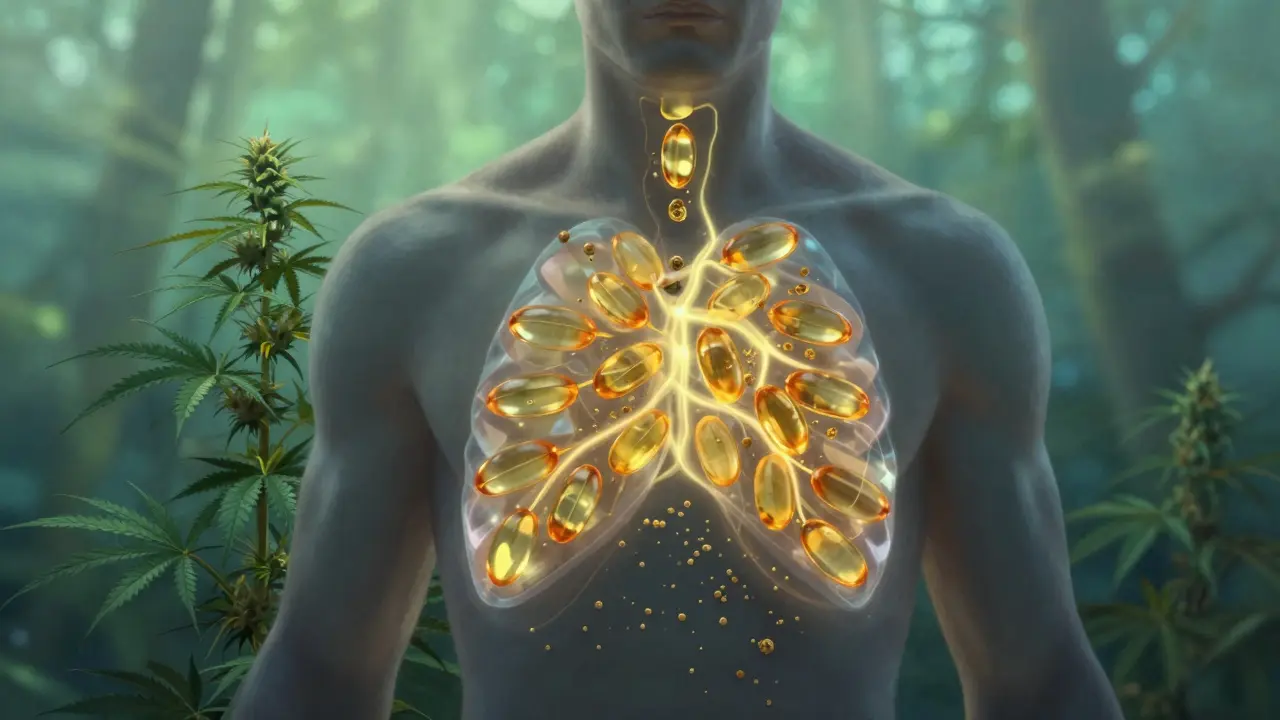 Průhledný lidský tělo s proudy látek z konopí spojených s rostlinou.