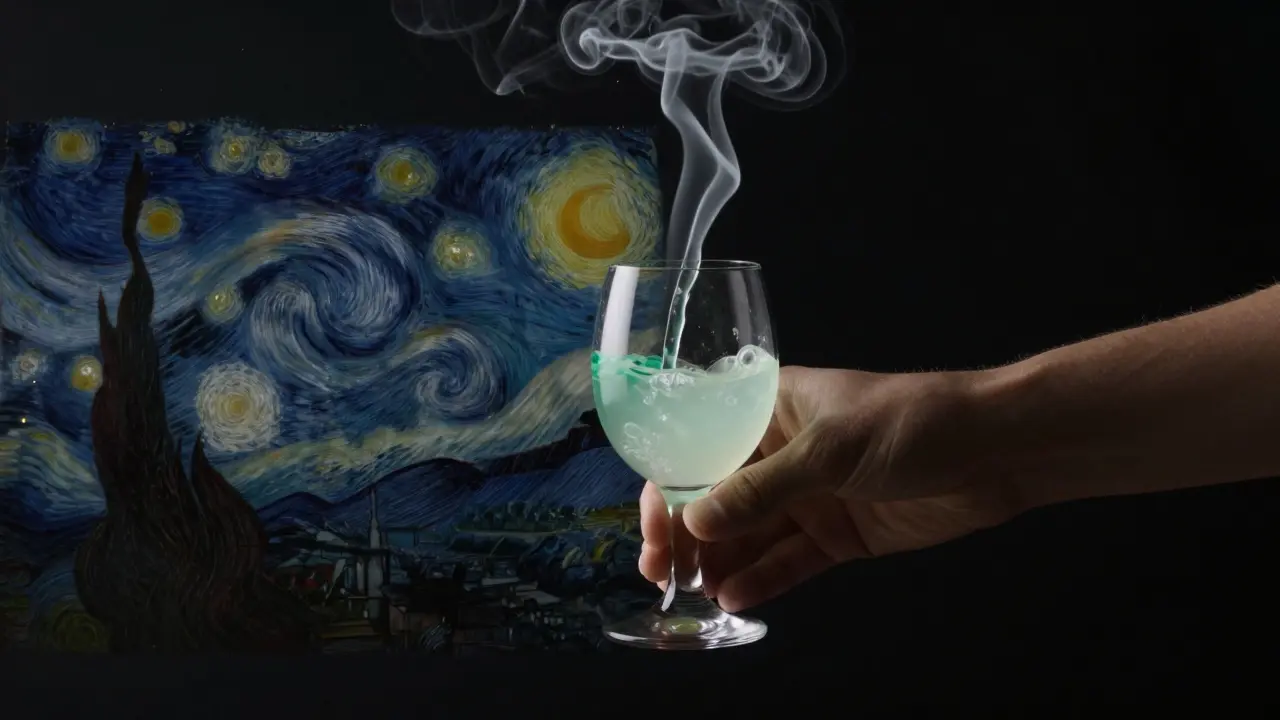 Ruka nalévá absint, který se mění na mléčně bílou tekutinu, z něj vystupují obrysy umělců ve formě kouře.