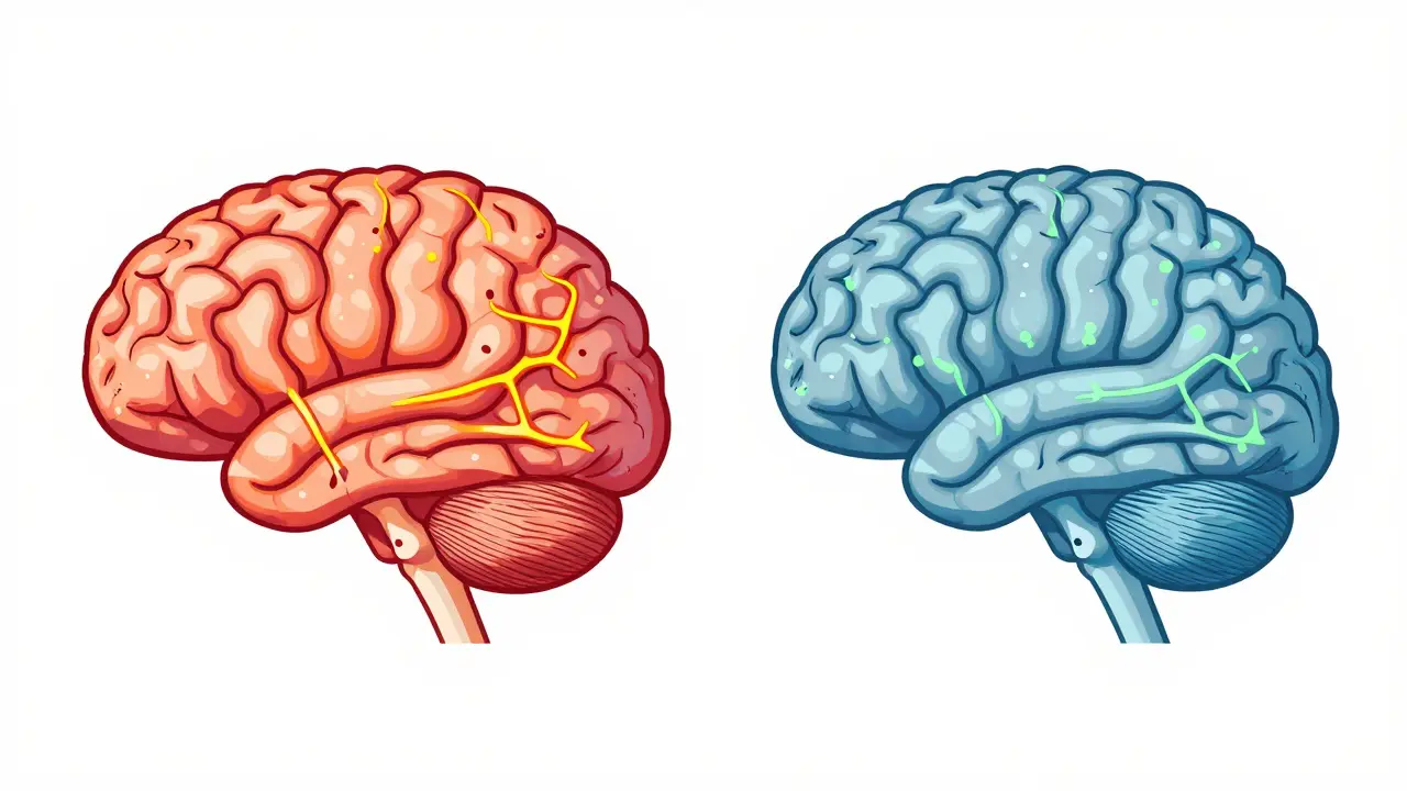 Srovnání nervových aktivit THC a CBD v mozku – klid versus poruchy.
