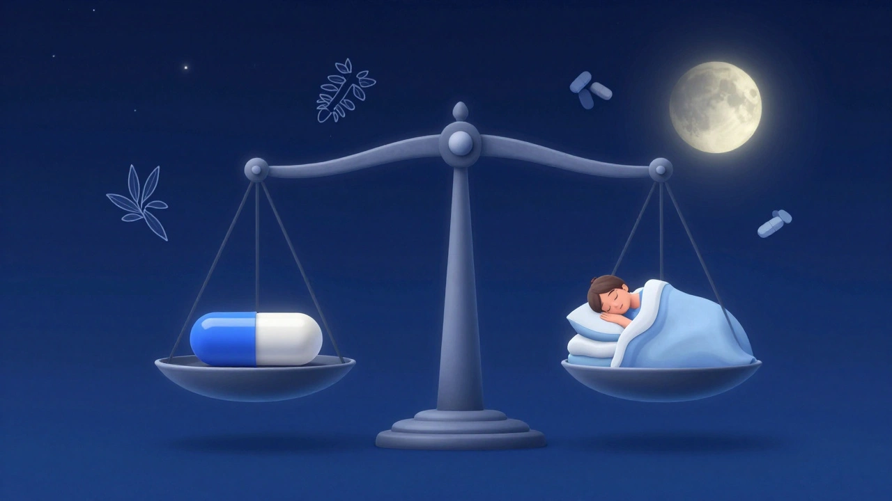 Symbolická váha s CBN a klidně spící postavou v nočním nebi s přírodními doplňky.