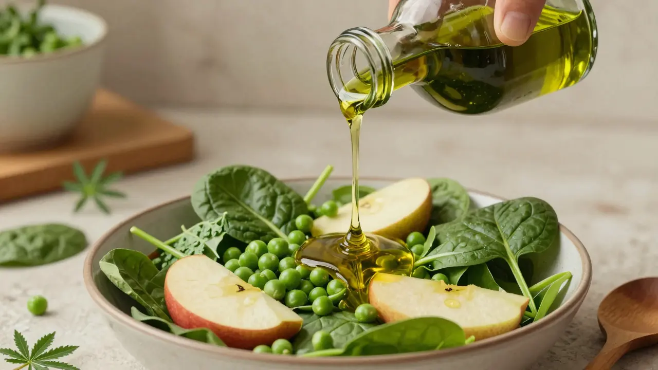 Temný olej z konopí stéká na čerstvý salát s hráškem a jablkem.