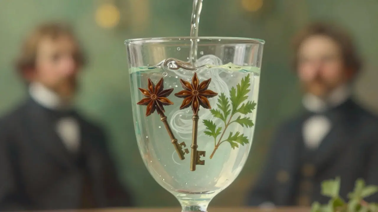 Tři byliny – třezálek, anýz a malý třezálek – plavou ve sklenici absintu, která se mění z průhledné zelené na mléčně bílou.