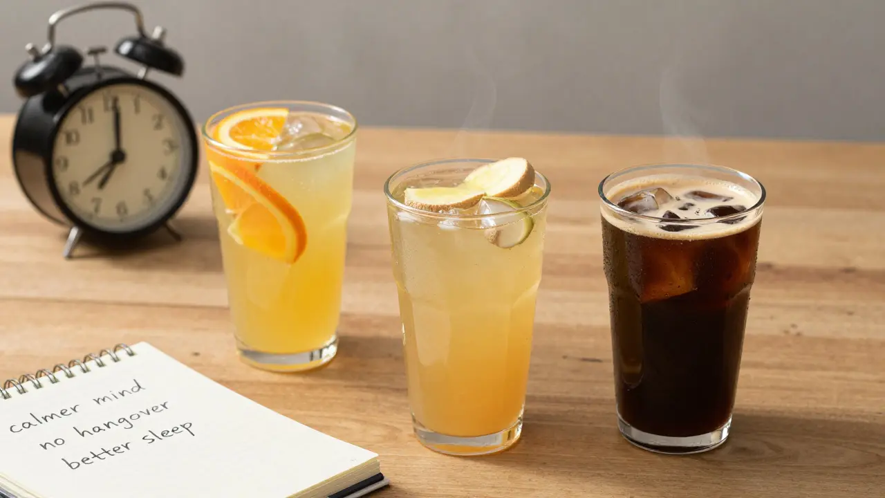 Tři CBD nápoje s různými příchutěmi na dřevěném stole, jemné záře a poznámky o účincích.