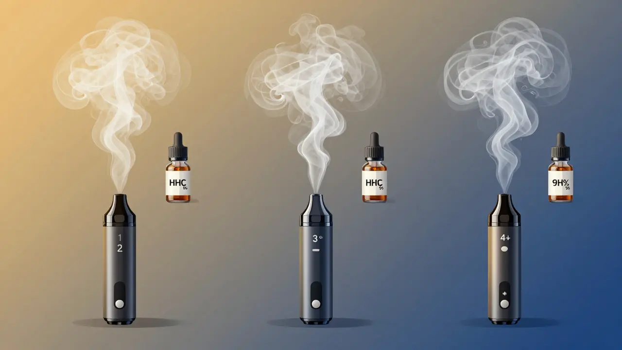 Tři různé typy pýchů z HHC oleje znázorněny jako různě husté výpary, spojené s olejovou lahvičkou.