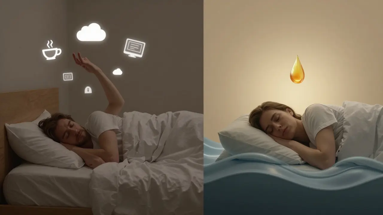 Dvě cesty: stres a neklid proti klidu a spánku s CBD jako přechodem.