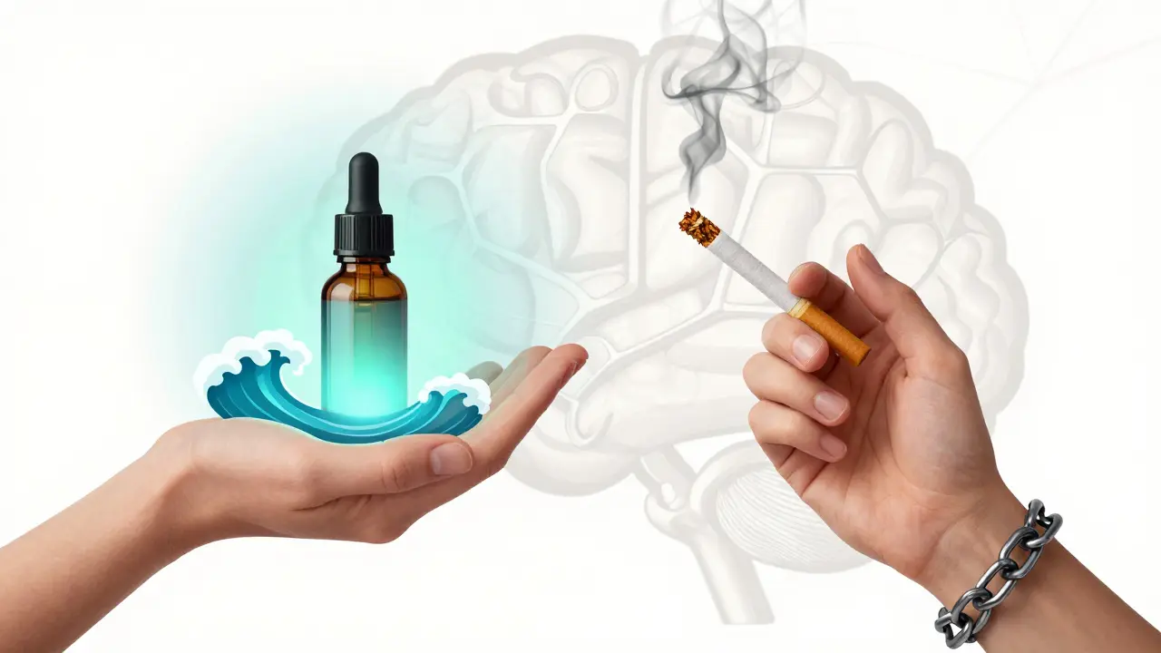 Dvě ruce: jedna drží CBD olej s klidnými vlnami, druhá kouřící cigaretu s řetězy.